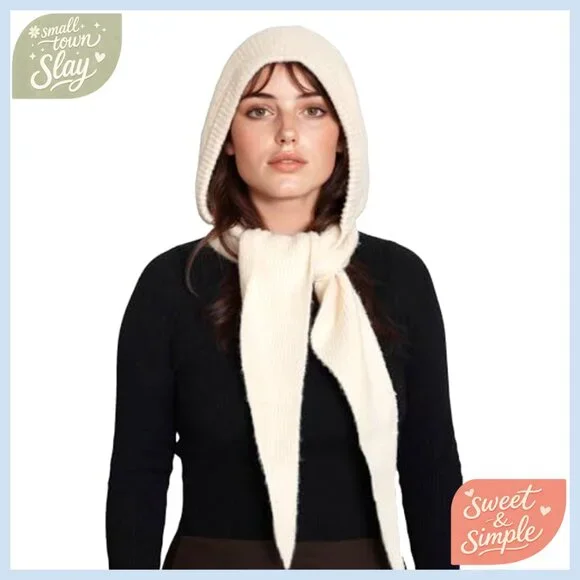 Wool Knitted Hooded Scarf Set One Size Winter Neck Warmer Hat - Picture 7 of 7